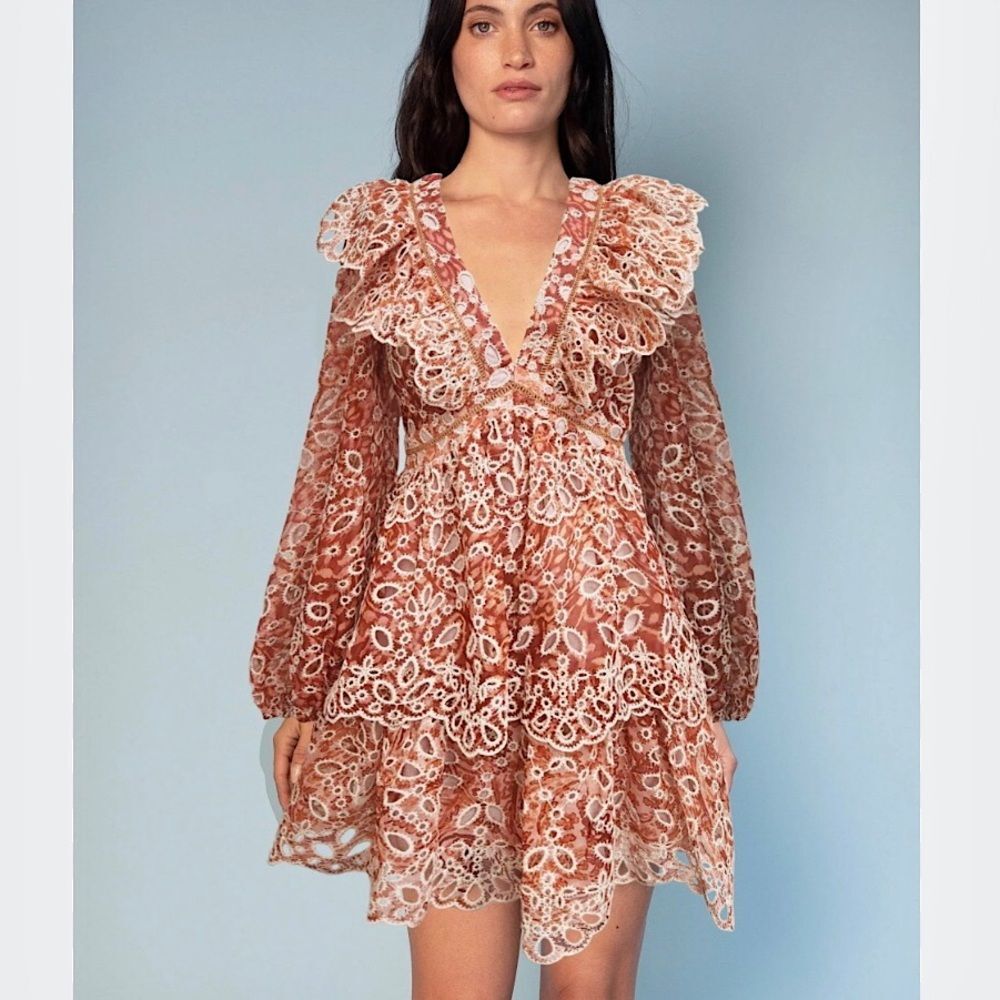 BTFL-Life Dress Brown Eyelet Lace Mini Tiered Layered Ruffled Long Sleeve NWT S